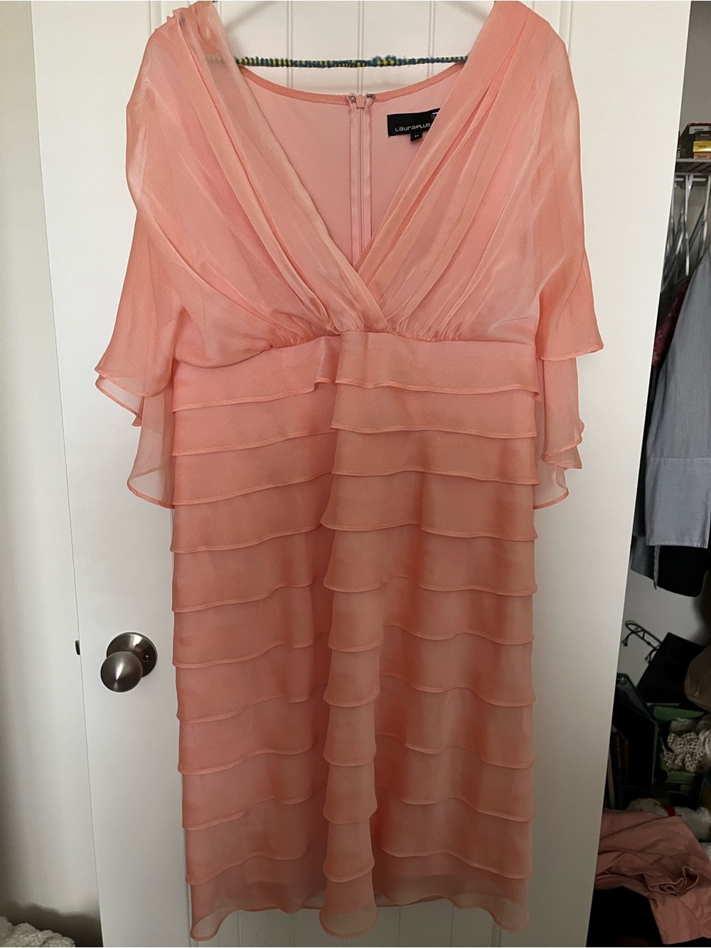 2/$25 Laura Peachy Pink Layered Chiffon V-Neck Dress Size 14